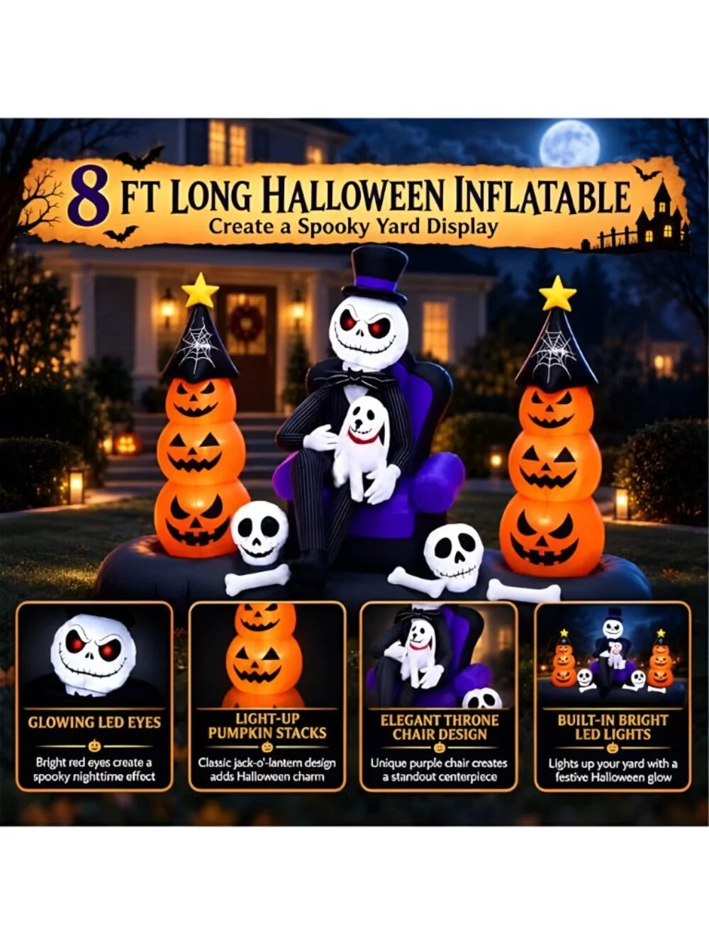 8FT Halloween Inflatables Outdoor Decorations, LED Lighted Inflatable Skeleton
